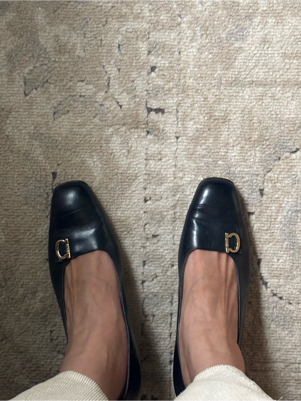Salvatore Ferragamo Navy Leather Low Heel Pumps with Gold Hardware